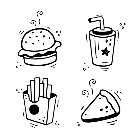 Fast food icons set - burger, French fries, paper cup with drink, pie, cake, tart, cheesecake Hand drawn fast food combo. Comic doodle sketch style. Vector illustrationのイラスト素材