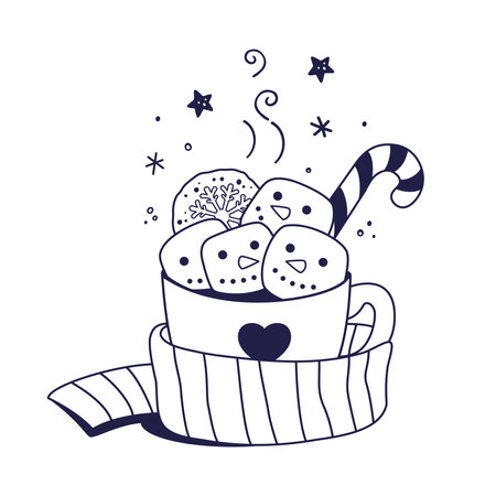 Christmas drink with marshmallow snowman, cookie, candy cane. Winter hot beverage in doodle style. Cup of cocoa wrapped in a scarf. Hand drawn line art illustration. Kids Coloring book.のイラスト素材