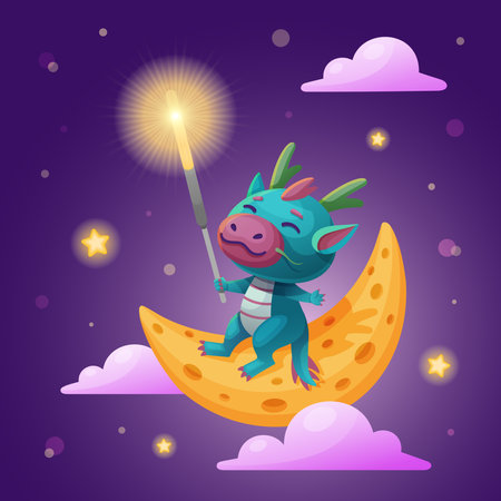 Chinese Dragon holding sparkler sits on the moon in the night sky. Cute cartoon green dragon. Symbol of 2024 year. Chinese lunar calendar, horoscope. New year postcard.のイラスト素材