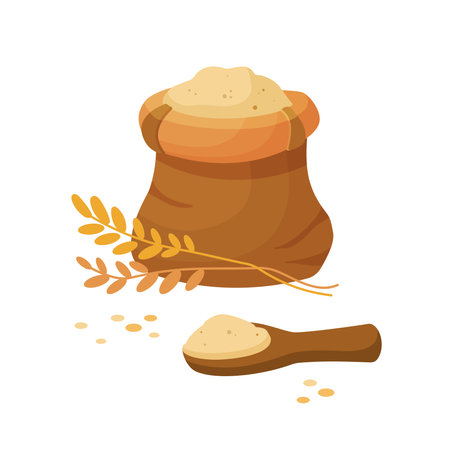 Flour in burlap bag with wooden scoop. Sack with wheat flour, grains, ears of wheat. Flour bale in cartoon style. Vector illustration isolated on white background.のイラスト素材