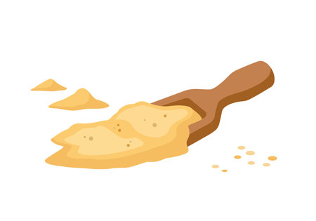 Wheat Flour in wooden scoop. Wooden spatula with flour and grains. Piles of flour. Vector illustration isolated on white background.のイラスト素材