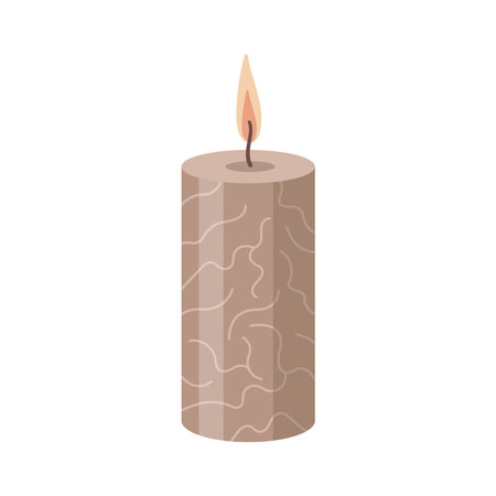 Burning Aromatherapy candle with label sticker isolated on white background. Hand drawn Vector illustration. Aroma candle icon. Hand crafted candle. Flat designのイラスト素材