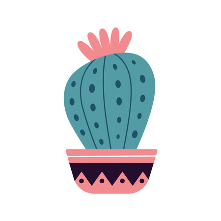 Colorful blooming cacti, succulent in pot. Cute hand drawn sketch of cactus. Doodle style, flat design. Scandinavian, boho style. Vector illustration. Exotic and Tropical Plant, home decorのイラスト素材