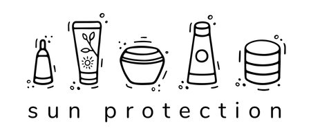 Sun protection set. Sunscreen bottles, jars, tubes. Beach holidays, sun bathing concept. Flat design, cartoon SPF cosmetic products collection. Hand drawn Doodle styleのイラスト素材
