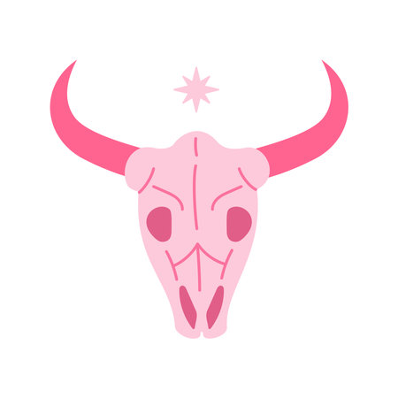 Pink core cow skull. Cowboy western and wild west theme concept. Hand drawn vector illustration. Doodle icon. Pink cow skull.のイラスト素材