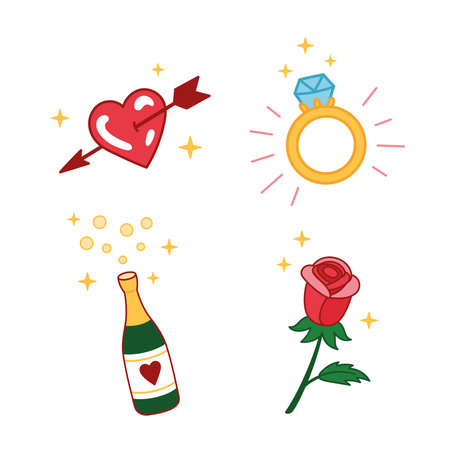 Set of cute vector love illustrations. Courtship collection. Design elements for engagement, wedding, valentines day. Romantic doodle vector icons. Hand drawn cartoon style. Engagement conceptのイラスト素材