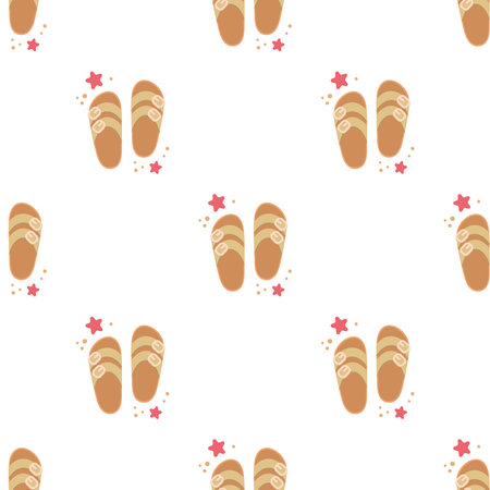 Flip flops icon with starfishes seamless pattern. Cute texture for summer design. Beach vacation concept. Vector cartoon illustration isolated on white. Flat design.のイラスト素材