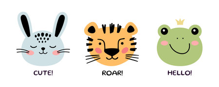 Little frog, bunny, tiger heads in doodle style. Cartoon Bohemian nursery print. Children drawing. Vector illustration.のイラスト素材