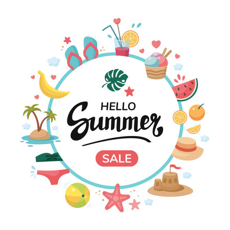 Hand drawn Summer round frame, copy space. Vector Summer Discount bannerのイラスト素材