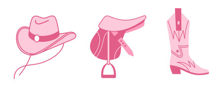 Cowgirl Pink core fashion elements set. Cowgirl hat, saddle, cowboy boots. Cowboy western and wild west theme bundle. Hand drawn vector illustration.のイラスト素材