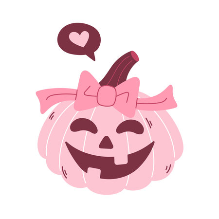 Cute cartoon Pumpkin. Postcard with Pink Pumpkin with ribbon. Vector illustration of Halloween pumpkin in pink core style. Kids illustration in cartoon style. Flat design.のイラスト素材