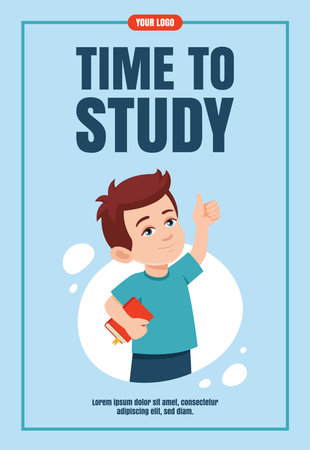 Happy Little boy with book Shows thumbs up. Education, knowledge, student concept Flyer design. Training concept banner, promo, advertising, leaflet. Vector flat illustration cartoon style.のイラスト素材