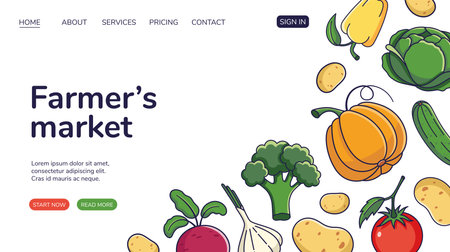 Farmers market Website, web page design with Cartoon vegetables. Cartoon style, Flat design. Farmers market concept. Organic vegetablesのイラスト素材