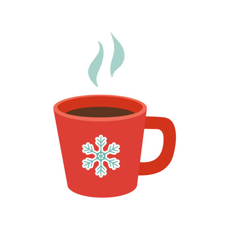 Hand drawn Christmas drink in red mug with snowflake. Winter hot beverage icon. Cartoon illustration. Vectorのイラスト素材