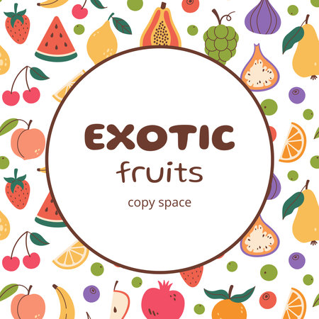 Exotic fruits round frame in doodle style. Vector illustration. Circular copy space with fruits pattern backgroundのイラスト素材