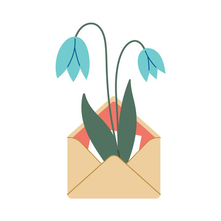 Envelope with snowdrops flowers. Hello spring concept. Summer Letter. Vector illustration, flat design. Flowers bouquet in envelope. Hand drawn trendy icon.のイラスト素材