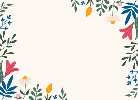 Decorative frame, border with flowers - tulip, leaves, lilies. Vector. Doodle style. Horizontal Copy space, design template. Hand drawn spring and summer flowers and foliageのイラスト素材