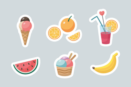 Summer popular food sticker Set. Cute summer fruit, ice cream icons collection. Summertime elements. Beach party illustration. Cartoon vector illustration. Flat design.のイラスト素材
