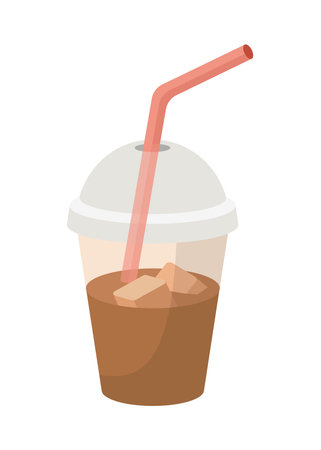 Coffee drink with ice cubes in glass with straw on white background. Cartoon illustration. Ice tea. Take away concept. Vector. Flat designのイラスト素材