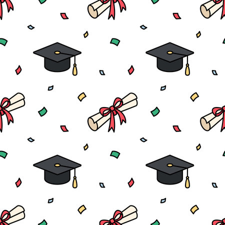 Graduation cap, folded graduate diploma with red ribbon tied in bow  pattern. University, college graduation concept. Texture for degree ceremony, educational program. Doodle style vectorのイラスト素材