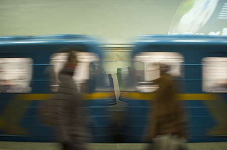 Blurred motion of the train in an underground station.の写真素材