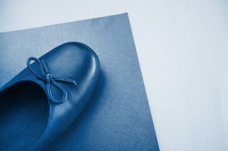Stylish female flat shoes in dark blue color on blue background with copyspace. 2020 color trend concept.の写真素材