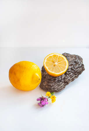A composition of lemons on a wooden bark and wild flowers.の写真素材
