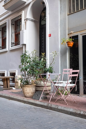 Beautiful cozy street with tables cafe in the old part of Istanbul. Istanbul, Turkey, November 3d, 2022.のeditorial素材