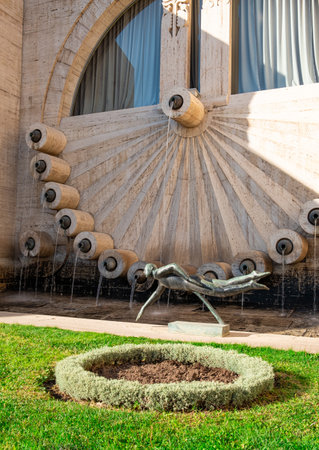 Stainless steel sculpture of a swimmer on top of Cascades in Yerevan. Yerevan, Armenia - 25, 2022.のeditorial素材