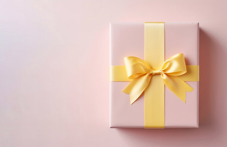 A beautiful pink giftbox with a pastel yellow bow on a pink color background with copyspace.の素材