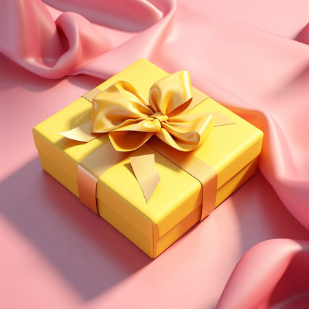 A beautiful yellow giftbox with a yellow bow on a pink color background.の素材