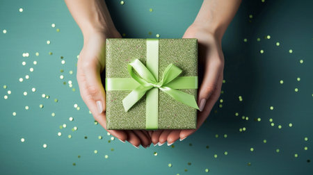 Young woman's hands holding a beautiful green color giftbox with a bow on green background with confetti.の素材