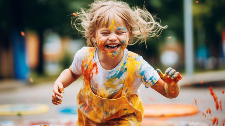 A happy child on a sunny day playing with paints and showing their creativity.の素材