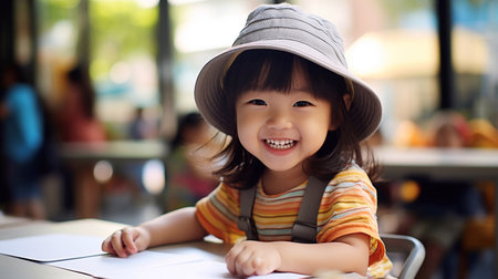 A little Asian girl sitting at the table in a kindergarten or pre school. Learning process.の素材