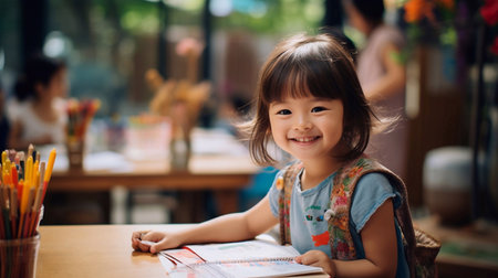 A little Asian girl sitting at the table in a kindergarten or pre school. Learning process.の素材