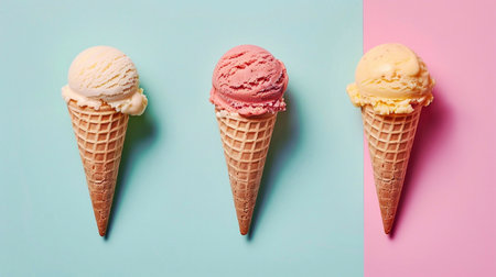 Waffle cones with delicious strawberry, vanilla and mango ice-cream on blue and pink color background with copyspace.の素材