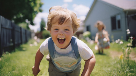Adorable toddler baby boy is running in the backyard garden. Happy moment.の素材