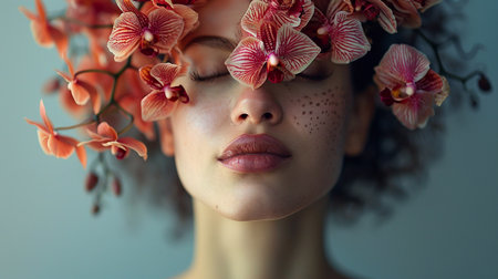 Woman portrait with pink color orchid flowers over her head and on her face. Blue pastel colors. No face concept.の素材