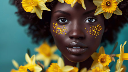 African woman portrait on a blue background with daffodils over her head and on her face. Bright summer colors.の素材
