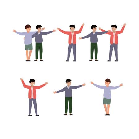 The happy boys spread their hands in greeting. Two happy men hugging each other. Vector illustrationのイラスト素材