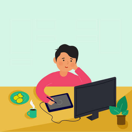 The boy sits at the table and draws on the tablet. Vector illustration of computer digital art.のイラスト素材