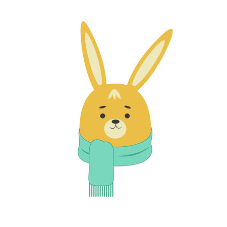 Funny little rabbit in a scarf. The head of a hare in cartoon style. Vector illustration in flat style.のイラスト素材