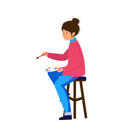 The artist works. A woman with a brush and palette sitting on a stool. Girl draws. Vector illustration. White background.のイラスト素材