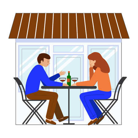 Man and woman sitting at a table in a street cafe. Guy and girl sitting opposite each other, on the table is a bottle of wine, glasses. Vector illustration.のイラスト素材