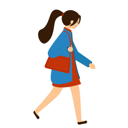 A young woman, a girl in a dress, a coat with a lady's bag walking. Vector illustration, character in flat style. White background.のイラスト素材