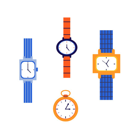 Wristwatch, mechanical watch. A set of watches of different shapes with multi-colored straps. Vector illustration.のイラスト素材