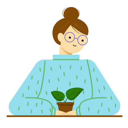 Girl in glasses and sweater sitting at the table. A young woman holding a flower in a pot. Vector illustration, character. のイラスト素材