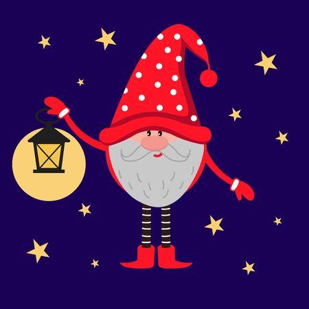 Cute funny dwarf in a cap holding a lantern. The road is lit by a small leprechaun with a beard, gloves and boots. Illustration in flat style.のイラスト素材