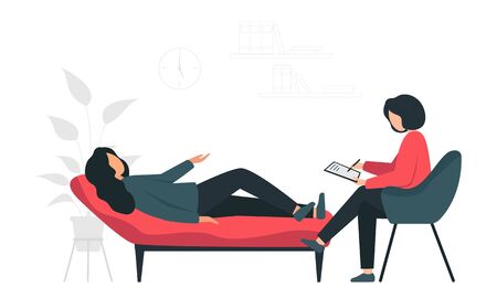 At the appointment with a therapist. Girl lies on a couch in a psychologist's office.のイラスト素材