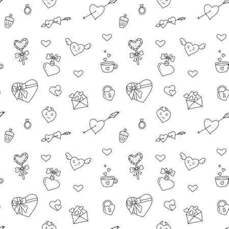 Set of elements for Valentines Day. Doodle illustration on white background. Pattern in black and white style.のイラスト素材